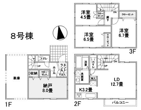 Floor plan. (8 Building), Price 45,800,000 yen, 3LDK+S, Land area 66.55 sq m , Building area 104.2 sq m