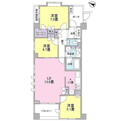 Floor plan.  [Floor plan] Southwest ・ West ・ Northeast 3 direction angle room! Floor heating in LD, 1518 size bus