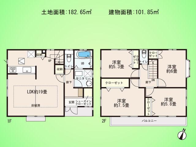 Floor plan. (Building 2), Price 51,800,000 yen, 4LDK, Land area 182.65 sq m , Building area 101.85 sq m