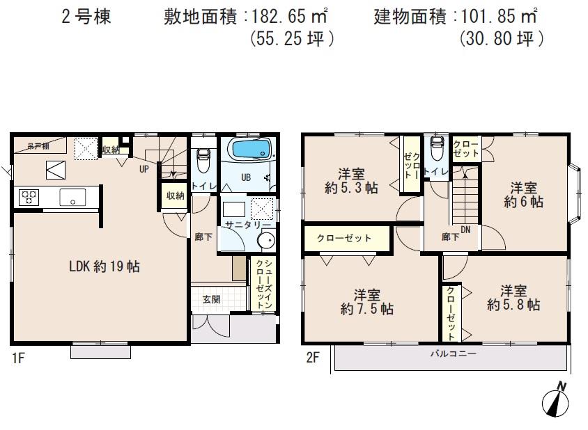 Floor plan. (Building 2), Price 53,800,000 yen, 4LDK, Land area 182.65 sq m , Building area 101.85 sq m