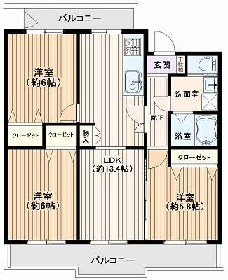 Floor plan. 3LDK, Price 17,900,000 yen, Occupied area 68.62 sq m , Balcony area 13.42 sq m