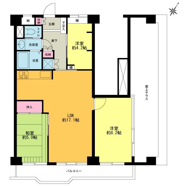 Floor plan. 3LDK, Price 38,900,000 yen, Occupied area 71.33 sq m , There is a feeling of opening on the balcony area 34.94 sq m 2 sided balcony.