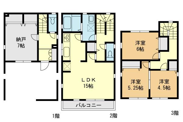 Floor plan. (1 Building), Price 48,800,000 yen, 3LDK+S, Land area 69.02 sq m , Building area 123.25 sq m