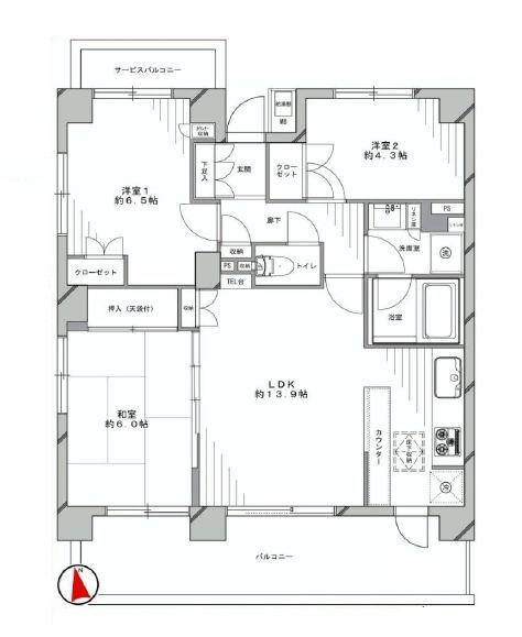 Floor plan. 3LDK, Price 44,800,000 yen, Occupied area 67.88 sq m , Balcony area 17.29 sq m