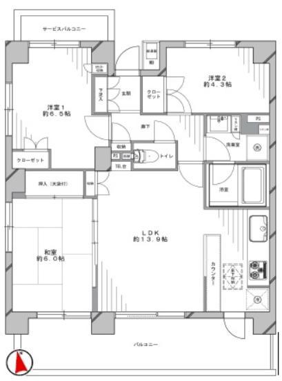 Floor plan. 3LDK, Price 42,800,000 yen, Occupied area 67.88 sq m , Balcony area 14.3 sq m per day ・ ventilation ・ Daylighting good