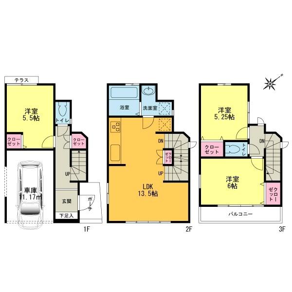 Floor plan. 28,900,000 yen, 3LDK, Land area 53.33 sq m , Building area 91.45 sq m LDK13.5 Pledge Southeast There is built-in car space