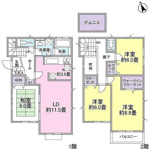 Floor plan. (Building 2), Price 57,800,000 yen, 4LDK, Land area 133 sq m , Building area 126.37 sq m