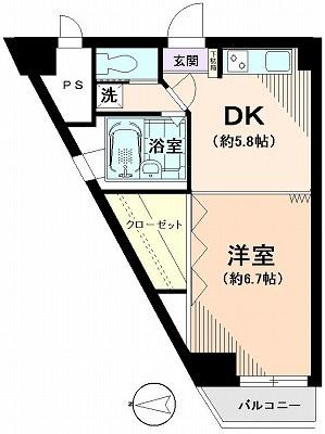 Floor plan. 1DK, Price 6.5 million yen, Footprint 32 sq m , Balcony area 2.64 sq m