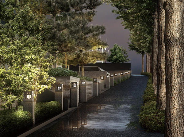Shared facilities.  [Lanterns lighting to illuminate along the site] Lighting of the lantern type illuminate the planting surrounding the site. Rhythm of light will create a beautiful landscape together to emphasize the green of the richness. (Lanterns lighting Rendering)
