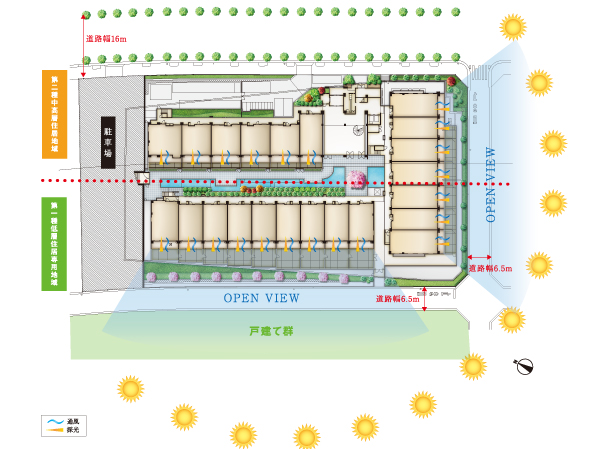 Buildings and facilities. And "first-class low-rise exclusive residential area," "the second kind medium and high-rise exclusive residential area," a quiet street parallel and per yang. Further open-minded position facing the three-way road, The warm sunshine and a pleasant breeze, Us in plenty Hakobikon within the dwelling unit. (Site layout)