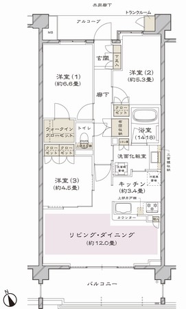 G1 type ・ 3LDK+WIC ■ Occupied area / 73.69 sq m  ※ Including trunk room area 0.80 sq m ■ Balcony area / 12.30 sq m