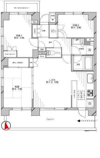 Floor plan. 3LDK, Price 42,800,000 yen, Occupied area 67.88 sq m , Balcony area 14.3 sq m