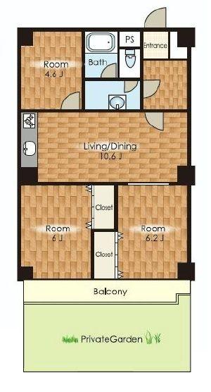 Floor plan. 3LDK, Price 16.8 million yen, Occupied area 61.05 sq m , Balcony area 6.27 sq m