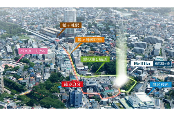 Other. Aerial photos (August 2013 shooting) ※ It has been subjected to some CG processing, In fact a slightly different ※ Light representing the local position also, It does not indicate the scale and height of the building ※ In the case of green walking route, It will be the 6-minute walk from the train station