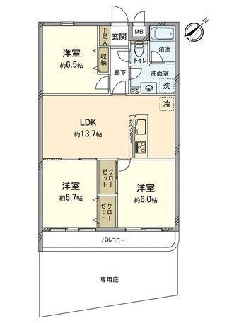 Floor plan. 3LDK, Price 18,800,000 yen, Footprint 73.5 sq m , Balcony area 6.94 sq m
