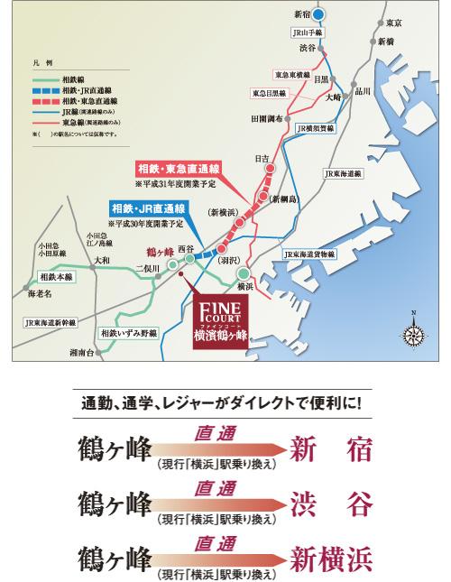 Local guide map. "Tsurugamine" next to the station, Connection is "Nishitani" station and "Hazawa" near the station, It is scheduled to direct the operation of the JR. further, New also contact line between the between the Tokyu Toyoko Line "Hiyoshi" station. "Tsurugamine" station is "downtown direct connection of the station" (Sotetsu downtown direct connection project  ※ 2)