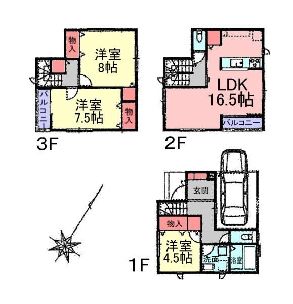 Floor plan. (1 Building), Price 32,500,000 yen, 3LDK, Land area 63.31 sq m , Building area 106.81 sq m