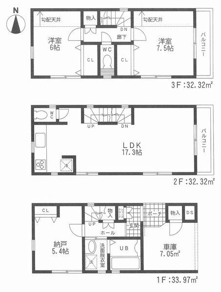 Floor plan. (3 Building), Price 31,800,000 yen, 2LDK+S, Land area 54.61 sq m , Building area 98.61 sq m