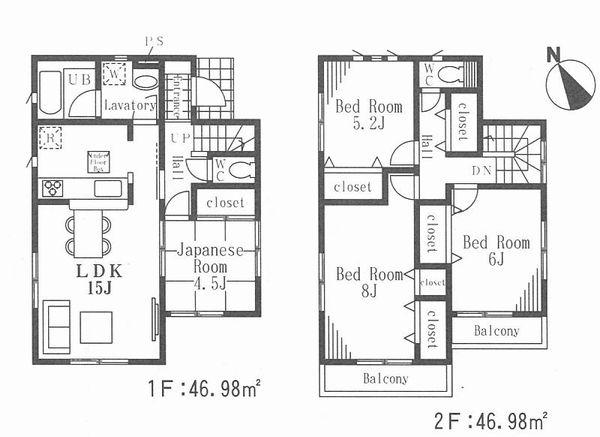 Floor plan. (1 Building), Price 42,800,000 yen, 4LDK, Land area 100.23 sq m , Building area 93.96 sq m
