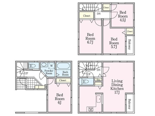 Floor plan. (3 Building), Price 39,800,000 yen, 4LDK, Land area 70.33 sq m , Building area 108.87 sq m
