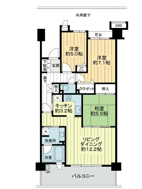 Floor plan. 3LDK, Price 21,800,000 yen, Occupied area 75.01 sq m , Balcony area 12.26 sq m