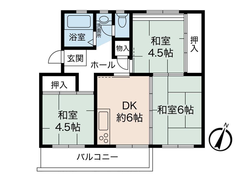 Floor plan. 3DK, Price 4.9 million yen, Occupied area 46.27 sq m , Balcony area 6 sq m