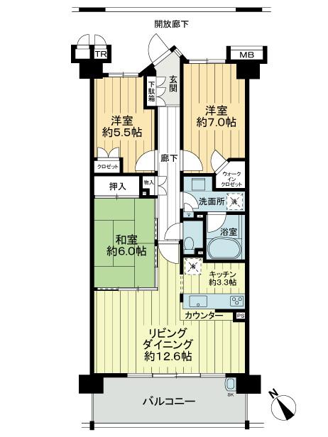 Floor plan. 3LDK, Price 27,800,000 yen, Occupied area 76.81 sq m , Balcony area 12.4 sq m