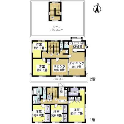 Floor plan. 5L ・ D ・ K type. For northwest side Western-style about 5.8 other than the tatami room is south-facing, Sunshine good