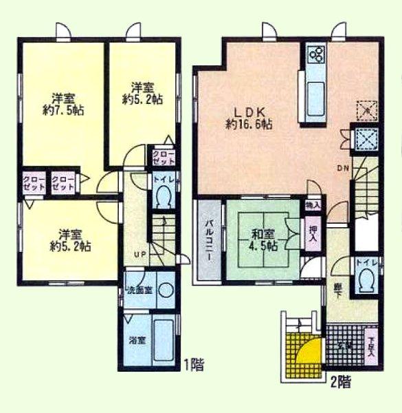 Floor plan. 34,900,000 yen, 4LDK, Land area 101.02 sq m , 4LDK spacious building area 91.08 sq m LDK16.6 Pledge ☆ 