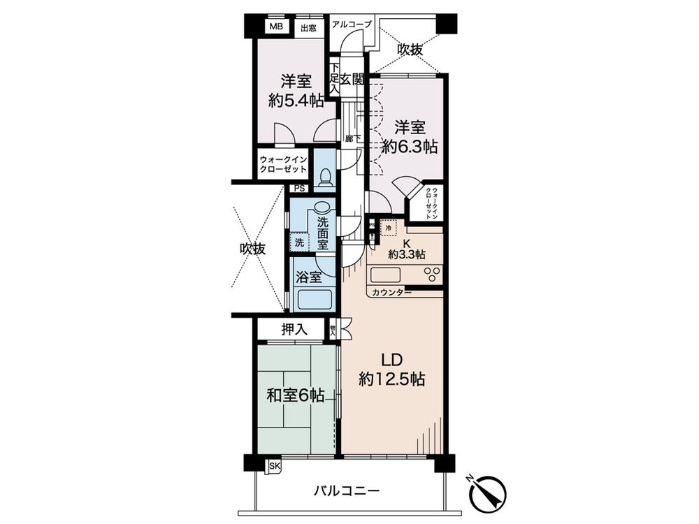 Floor plan. 3LDK, Price 26,300,000 yen, Occupied area 76.41 sq m , Balcony area 12.09 sq m