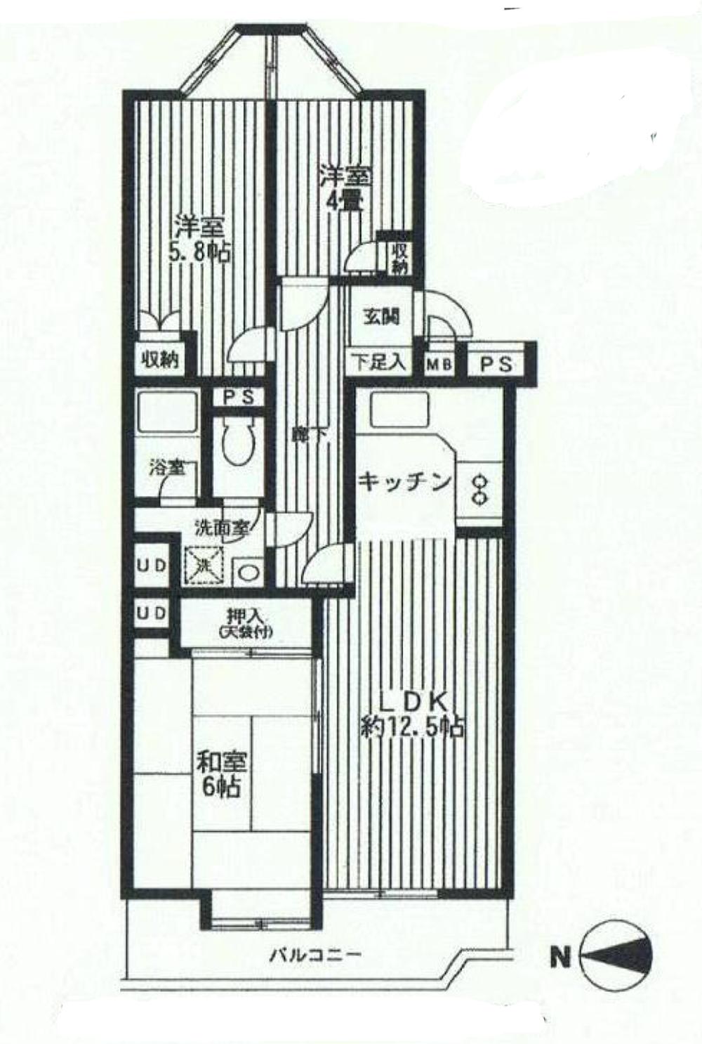 Floor plan. 3LDK, Price 9.8 million yen, Occupied area 61.54 sq m , Balcony area 7.5 sq m
