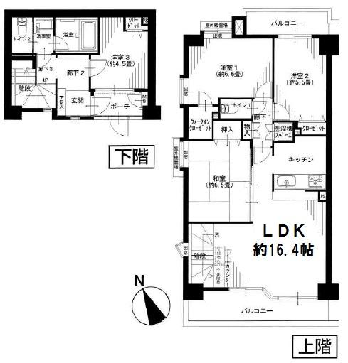Floor plan. 4LDK, Price 42,900,000 yen, Occupied area 91.56 sq m , Balcony area 12.5 sq m   ■ LDK about 16.4 Pledge of face-to-face kitchen in maisonette!  [Floor plan]