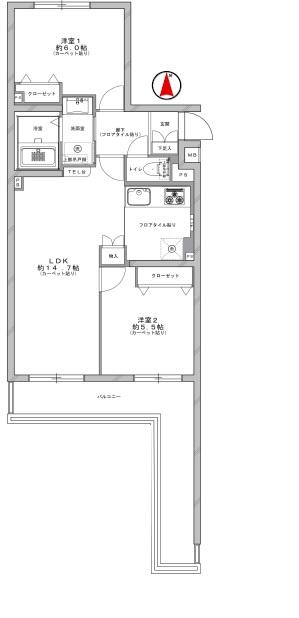 Floor plan. 2LDK, Price 18,800,000 yen, Occupied area 57.79 sq m , Balcony area 12.69 sq m