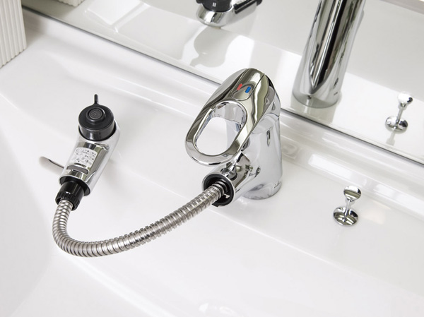 Bathing-wash room.  [Mixing faucet with hand shower] Mixing faucet with a convenient hand shower for cleaning (same specifications)