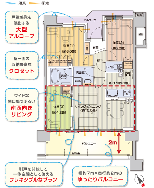 Room and equipment. Enhancement of the plan to create the leeway of plus α. B type furniture arrangement example / 3LDK Footprint 58.9 sq m  Balcony area 14 sq m