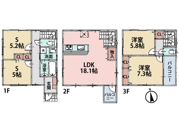 Floor plan. (B Building), Price 33,800,000 yen, 2LDK+2S, Land area 78.43 sq m , Building area 96.99 sq m
