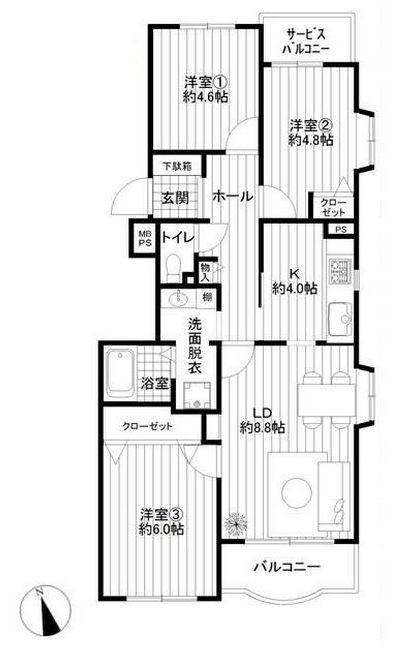 Floor plan. 3LK, Price 17.3 million yen, Occupied area 65.66 sq m , Balcony area 6.17 sq m