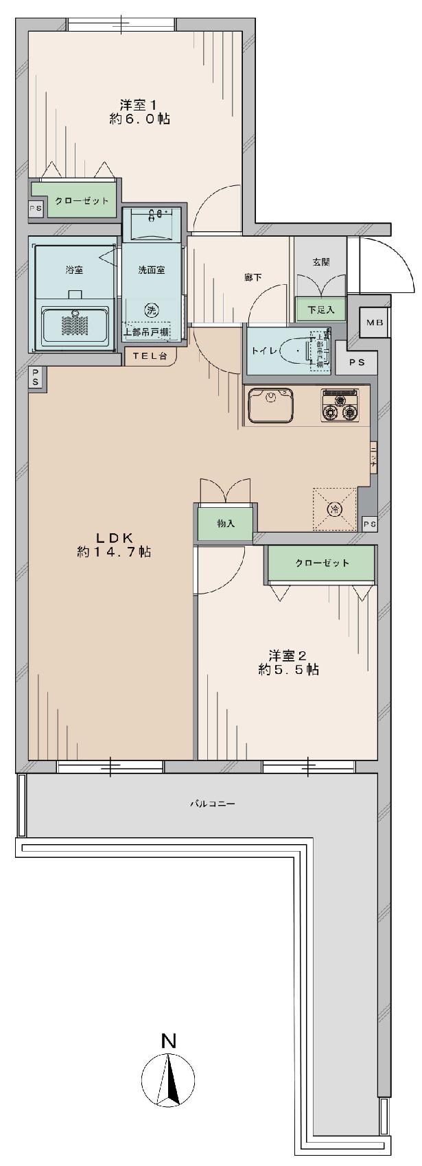 Floor plan. 2LDK, Price 18,800,000 yen, Occupied area 57.79 sq m , Balcony area 12.69 sq m