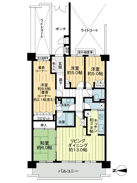 Floor plan. 4LDK, Price 34,900,000 yen, Occupied area 97.37 sq m , Balcony area 16 sq m footprint: 97.37 square meters Balcony area: 16. Porch Menseki: 10.39 square meters Trunk room area: 0.50 square meters Outdoor unit yard area: 2.34 square meters