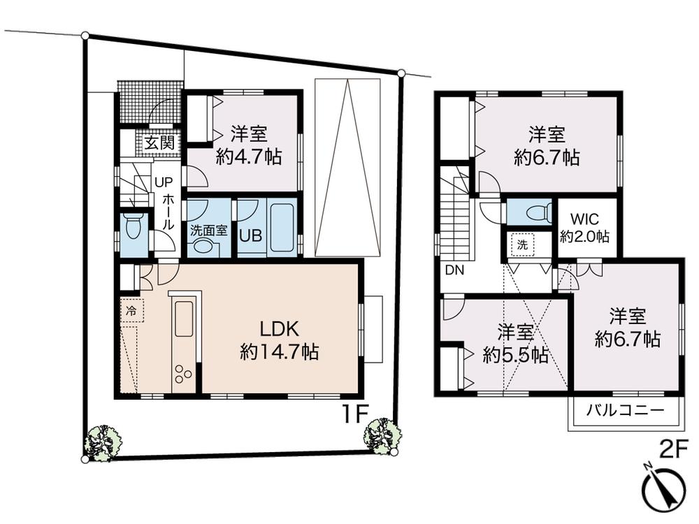 Compartment view + building plan example. Building plan example, Land price 24,900,000 yen, Land area 94.58 sq m reference plan Building price 14.6 million yen (tax included) wooden 2-story (2 × 4 construction method) 1 Kaimenseki 45.50 sq m 2 Kaimenseki 47.16 sq m Total floor area 92.66 sq m (about 28 square meters)