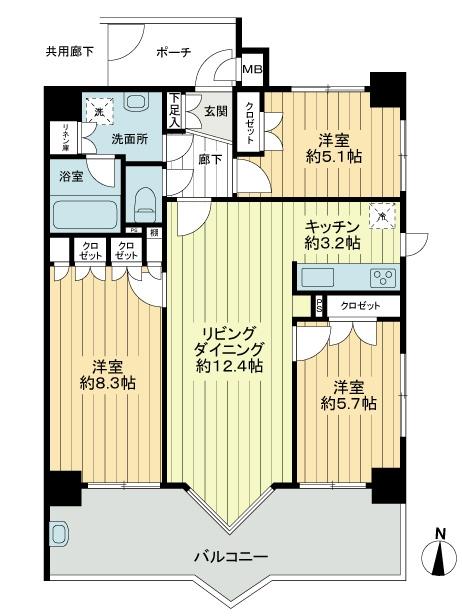 Floor plan. 3LDK, Price 26,800,000 yen, Occupied area 74.67 sq m , Balcony area 17.2 sq m southeast angle dwelling unit