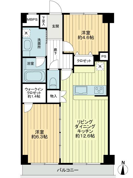 Floor plan. 2LDK, Price 13.8 million yen, Occupied area 54.11 sq m , Balcony area 5.55 sq m