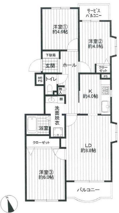 Floor plan. 3LDK, Price 17.3 million yen, Occupied area 65.66 sq m , Balcony area 6.17 sq m southeast angle room!  Sunny