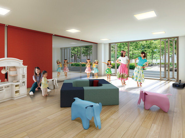 Shared facilities.  [Meeting rooms and a children's room that can be used in a variety of applications] Multi-space which can be used in variety of activities of the people who live, Meeting rooms and a children's room. Open space that employs a sash that opens in the full open facing the camphor Square. As a children's room, which is from playing with confidence the children even on rainy days, Or it can be used as a meeting room and various seminars classroom. So it has the system kitchen, Also, such as parties and cooking classes for families with each other can accommodate. Furthermore, since a paste one side wall mirror, You can also take advantage of as a studio, such as dance lessons and aerobics. (Assembly room and a children's room Rendering)