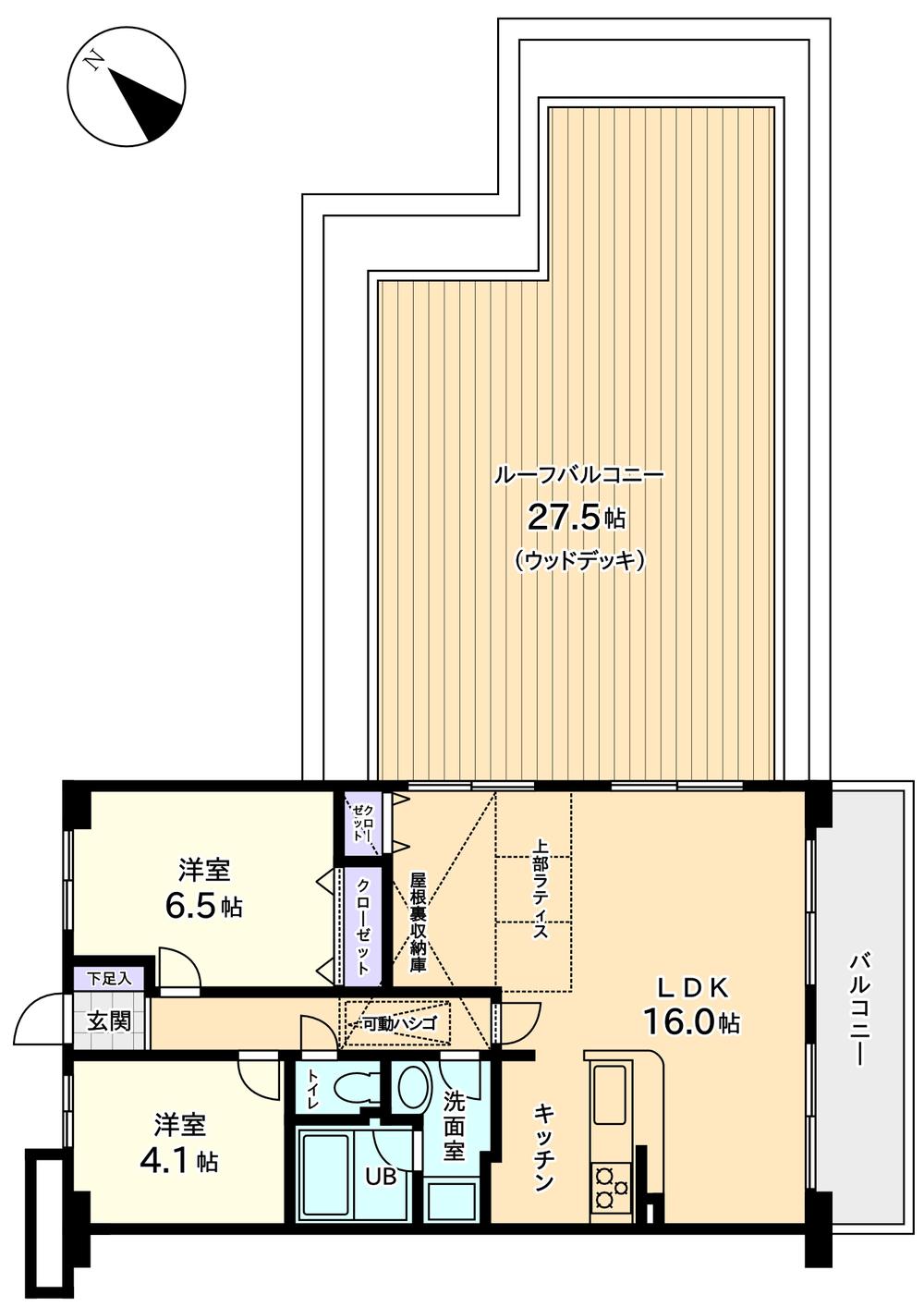 Floor plan. 2LDK + S (storeroom), Price 22,800,000 yen, Occupied area 58.95 sq m , Balcony area 7.6 sq m roof balcony ・ Attic storage