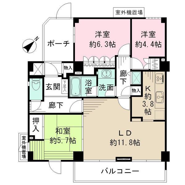 Floor plan. 3LDK, Price 35,200,000 yen, Occupied area 73.46 sq m , Balcony area 8.54 sq m