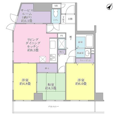 Floor plan. There service room 3.1 tatami, For convenient storage.