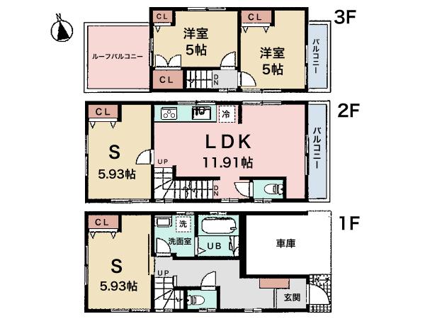 Floor plan. 31,800,000 yen, 2LDK + 2S (storeroom), Land area 58.56 sq m , Building area 93.28 sq m luxury flooring, Pair glass, 24H employs a ventilation system, Cozy room.