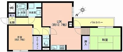 Floor plan. 2LDK, Price 17.8 million yen, Footprint 63 sq m , Balcony area 5.72 sq m