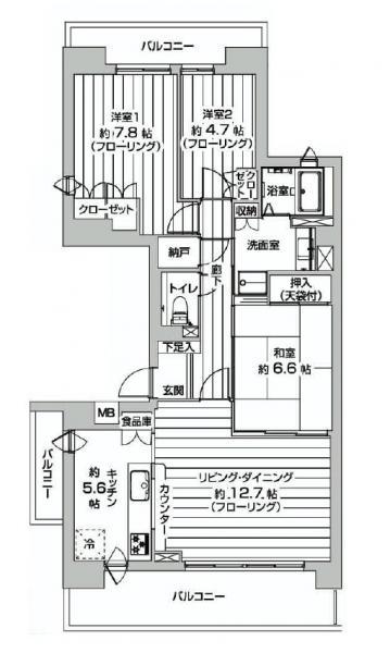 Floor plan. 3LDK, Price 26,800,000 yen, Occupied area 87.21 sq m , Balcony area 22.27 sq m